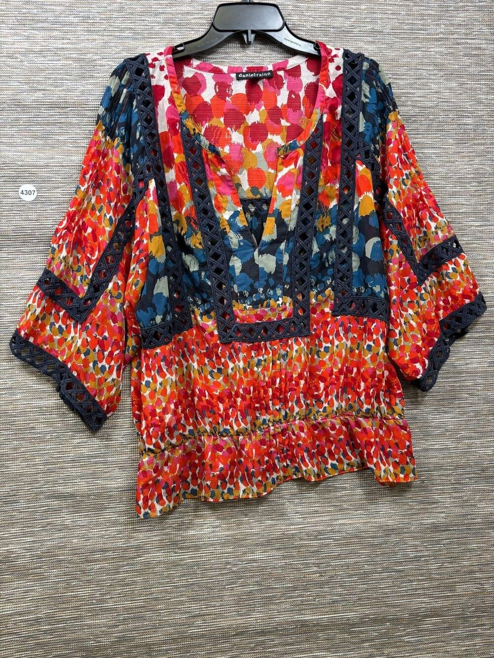 Daniel Rainn Blouse Womens XL Multicolor Floral Crochet Bell Sleeve Tunic Top